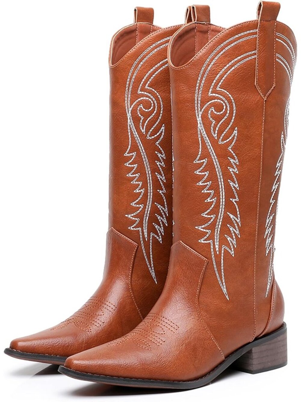 Women's Dark Brown1 Cowgirl Boots Embroidery Mid Calf Side Zip Chunky Heel Retro